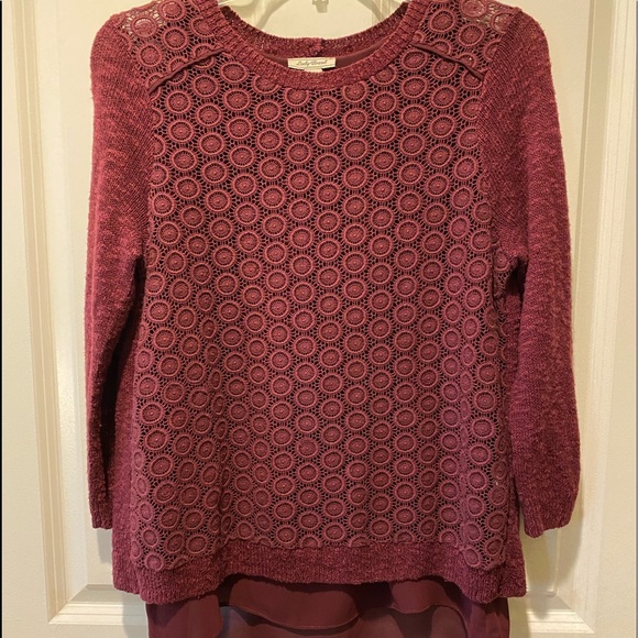 Lucky Brand Sweaters - Lucky Brand▪️Burgundy Lined Lace Front Split Back Cotton/Linen Sweater Sz S.